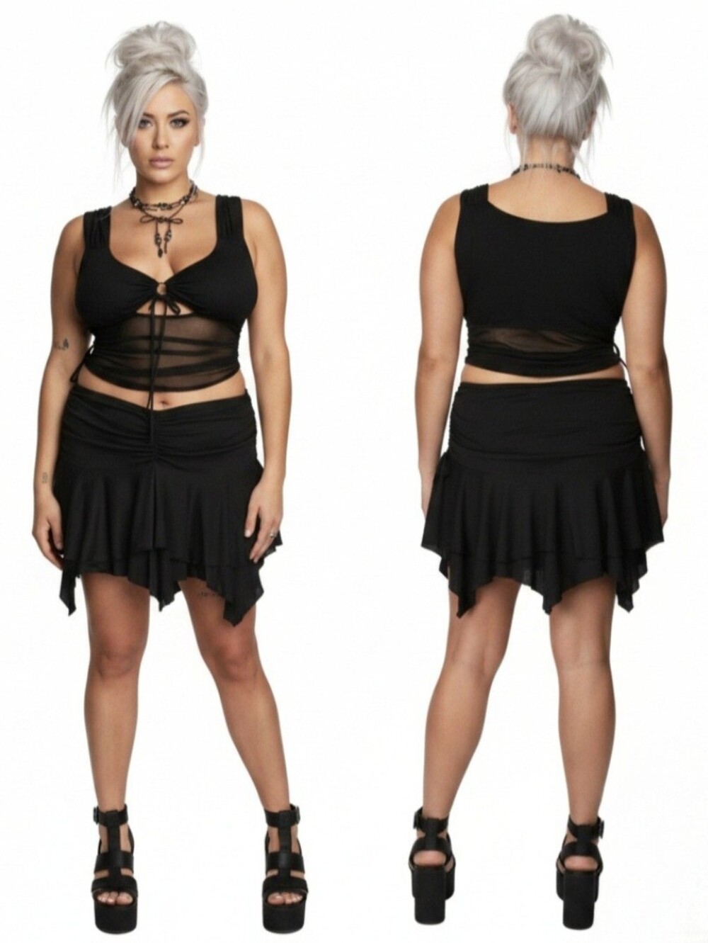 Dk clearly into you blk sheer fairycore ruched top hankerchief skirt set 2X NWT